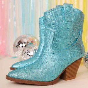 New Aqua Blue Crystal Jewel Western Cowgirl Ankle Boots Booties